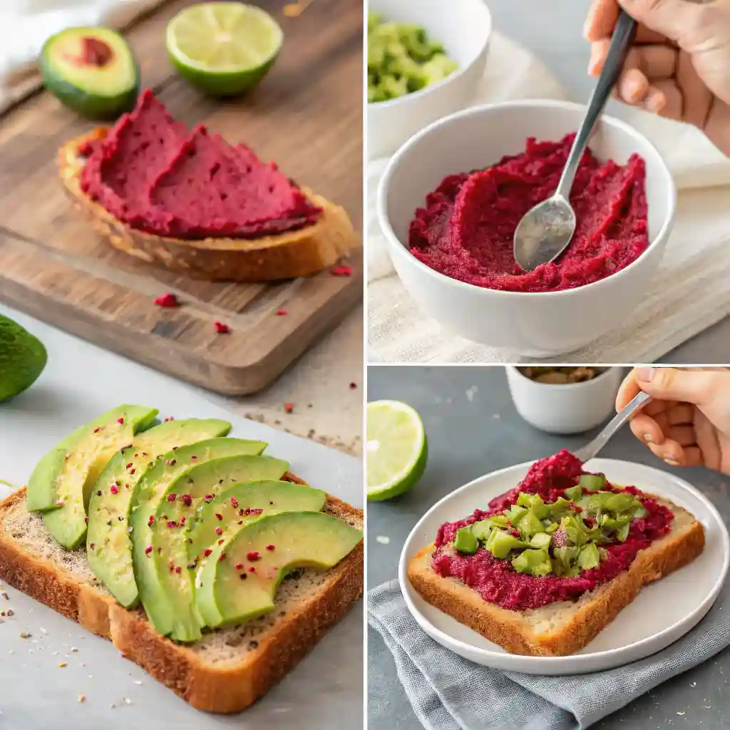 Beetroot Hummus Avocado Toast: Easy, Healthy, Beautiful 8 Spreading beet hummus on toast