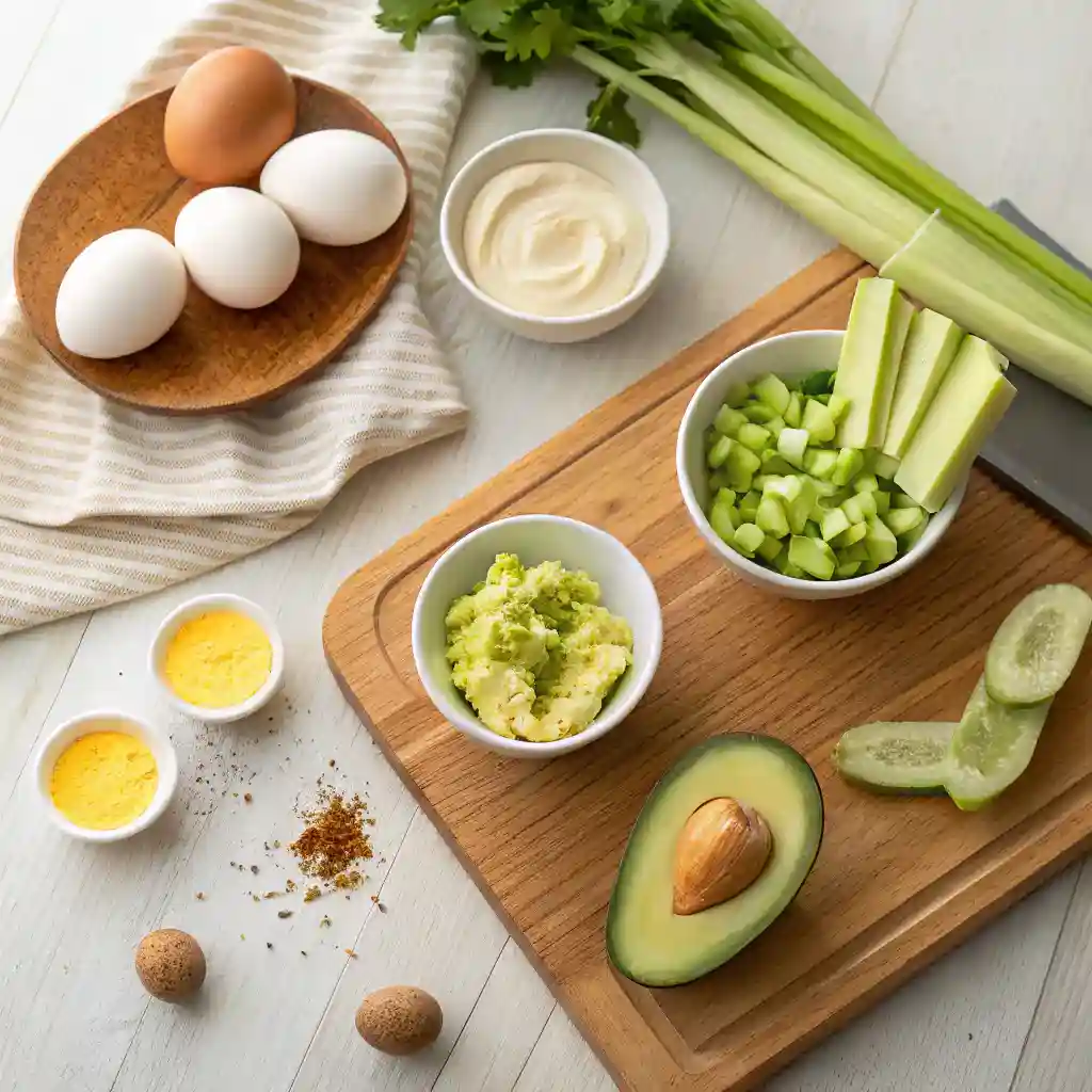Low Carb Keto Egg Salad – A Healthy Classic You’ll Make Again and Again 2 Keto Egg Salad Ingredients on Table