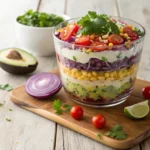 Layered Mexican Coleslaw Tomato Corn Salad in Glass Bowl