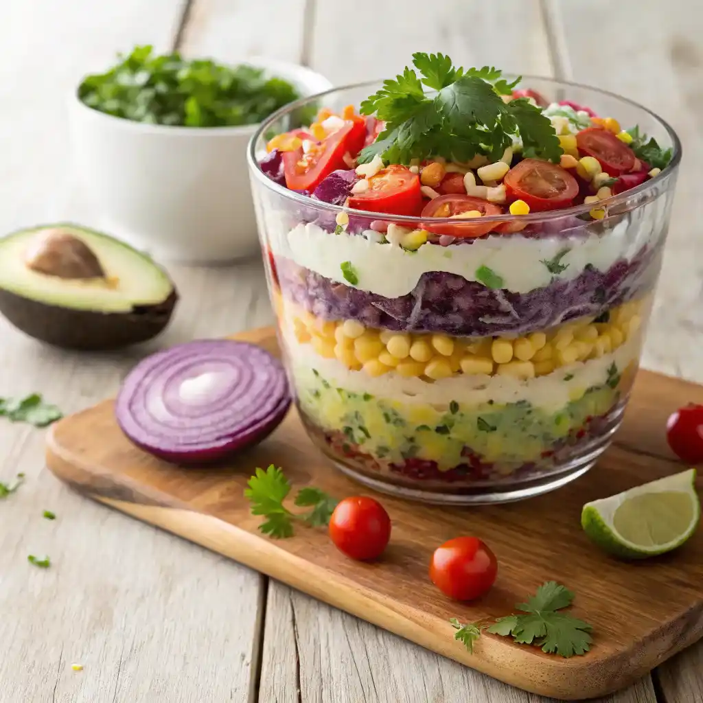 Layered Mexican Coleslaw Tomato Corn Salad in Glass Bowl