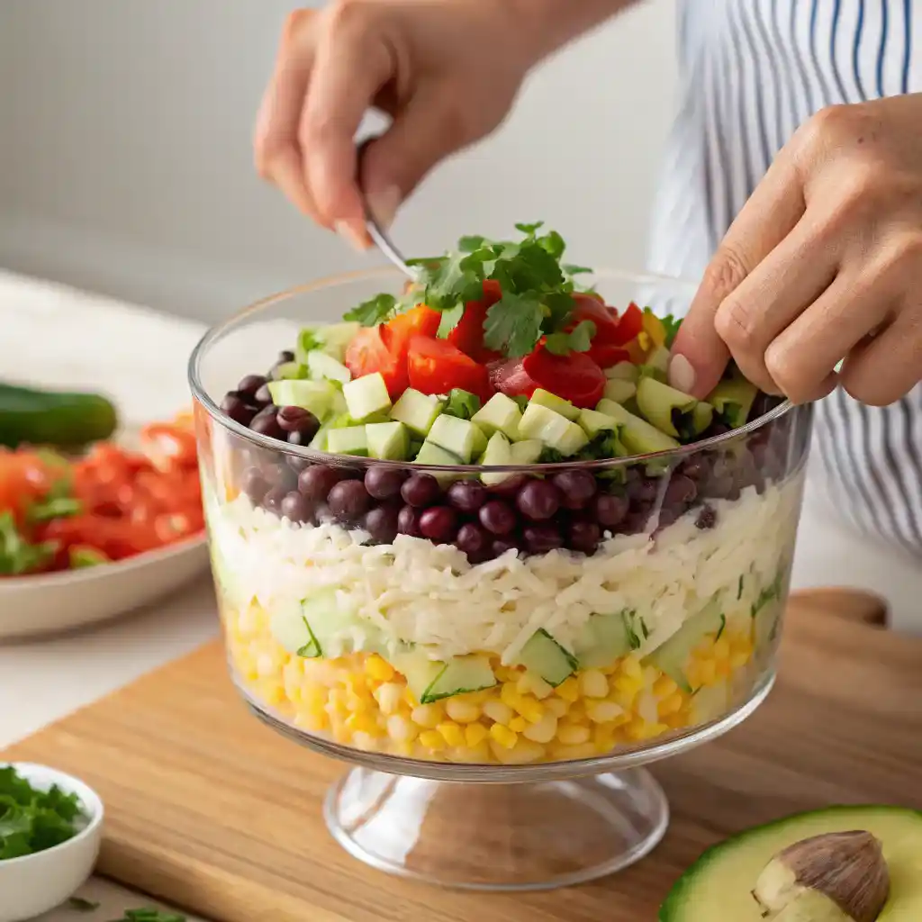 Layered Mexican Coleslaw Tomato Corn Salad – Fresh, Crunchy & Zesty 9 Building layered Mexican coleslaw salad
