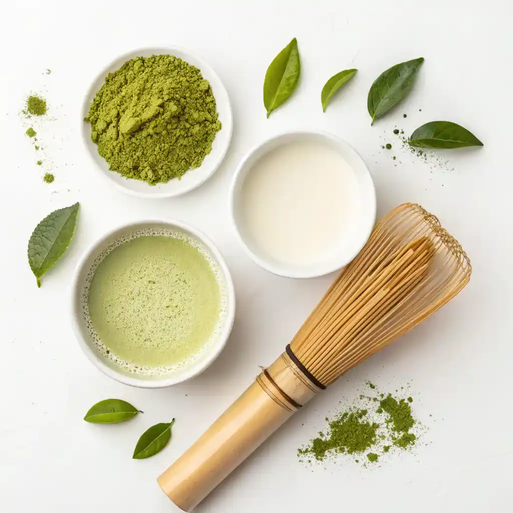 Matcha From Tea to Dessert – Easy Recipes for Sweet & Sippable Delights 7 Matcha ingredients flat lay
