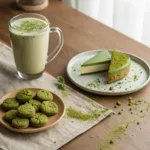 Matcha From Tea to Dessert – Easy Recipes for Sweet & Sippable Delights 6 Matcha latte, cookies, and cheesecake on a wooden table