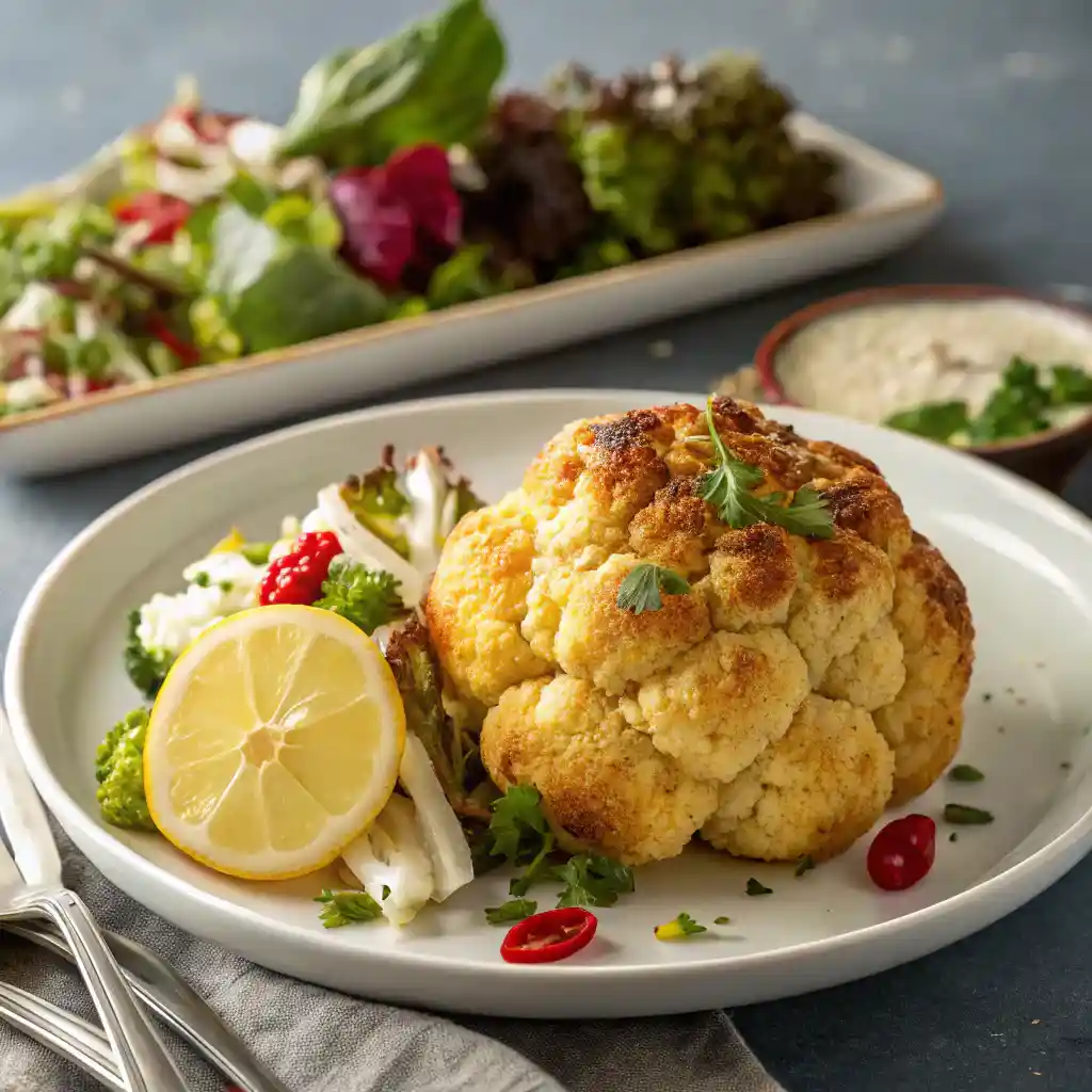 Whole Roasted Cauliflower: Crispy, Golden & Garlic Butter Infused 9 Whole head cauliflower with parmesan served