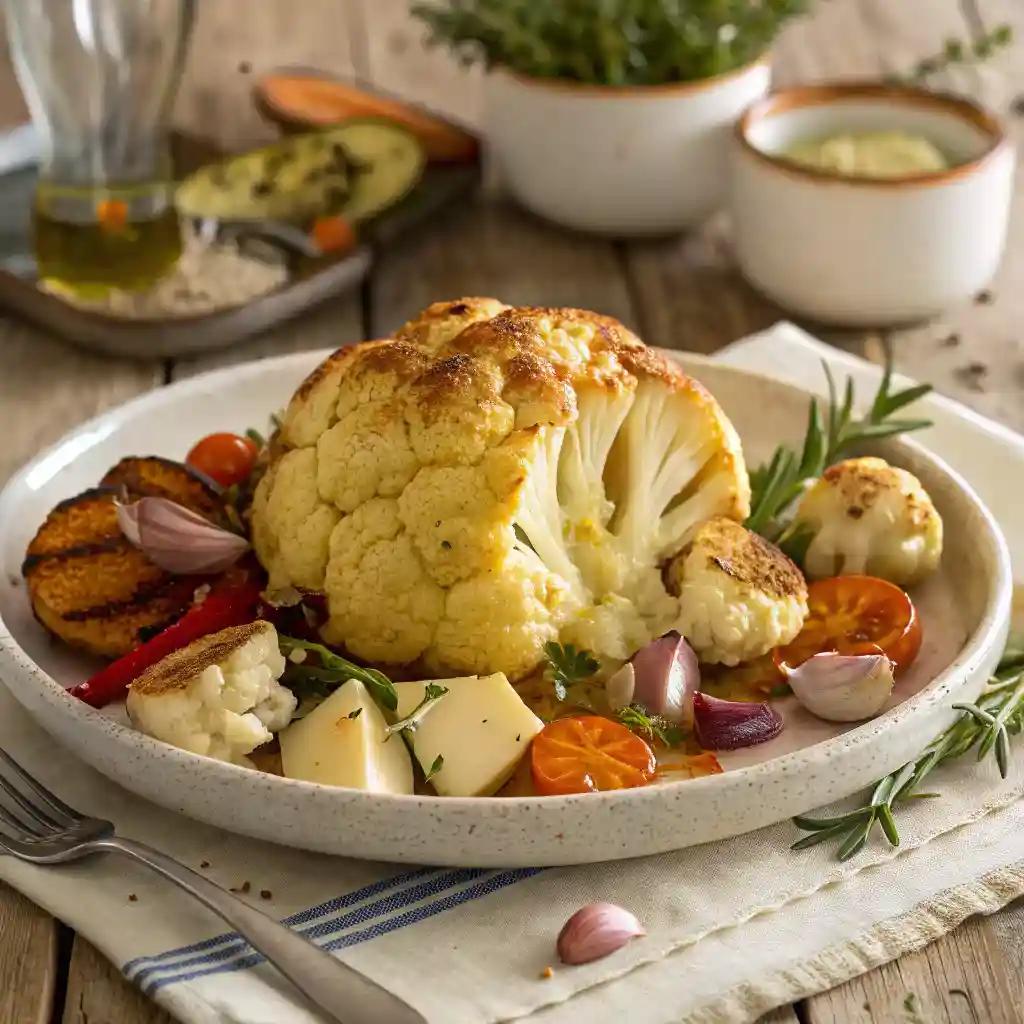 Whole head cauliflower with parmesan served