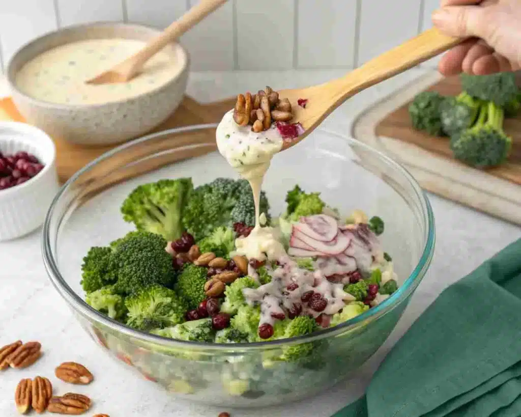Broccoli Salad Recipe 4 Tossing broccoli salad with creamy dressing