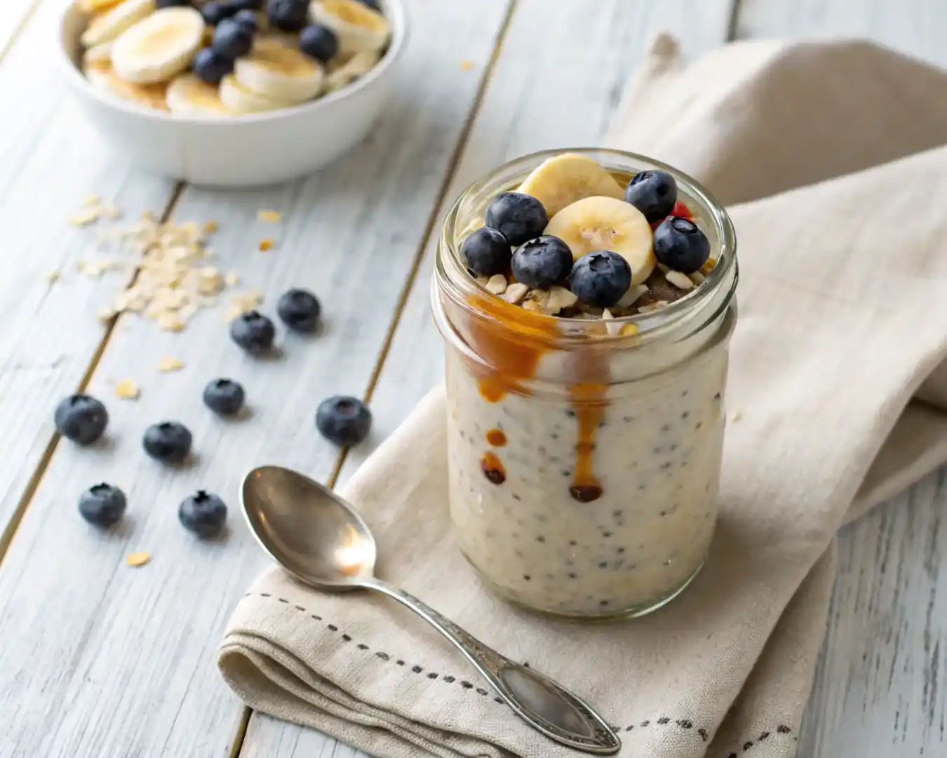 Ultimate Overnight Oats Recipe: 12 Flavors, Ratios, FAQs 2 overnight oats recipe with banana and blueberry toppings