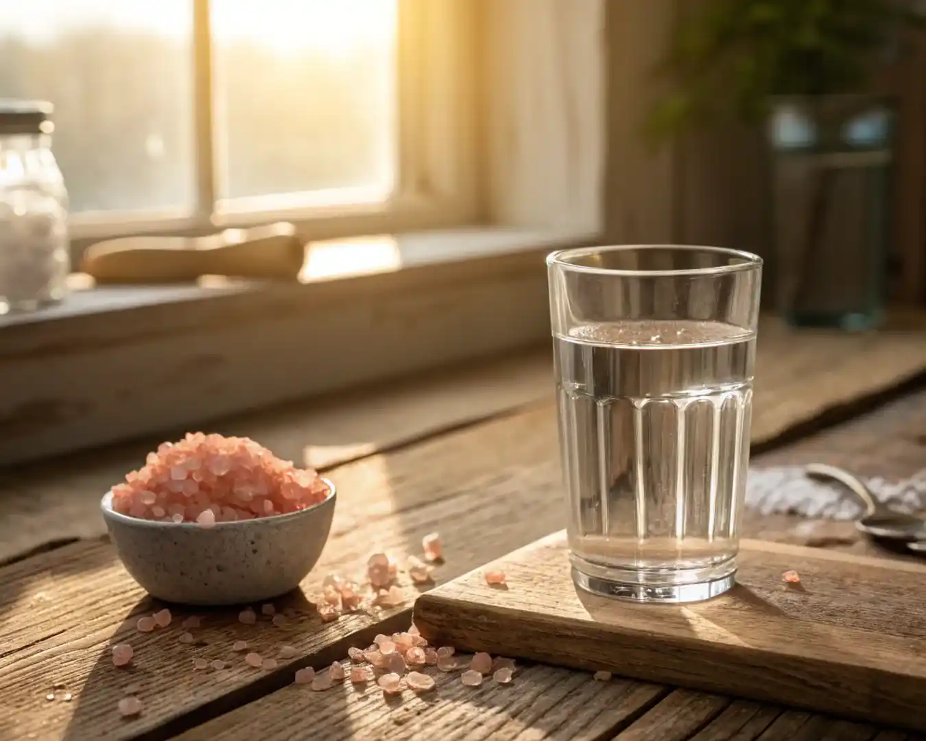 Glass of water with Himalayan pink salt for morning wellness routine