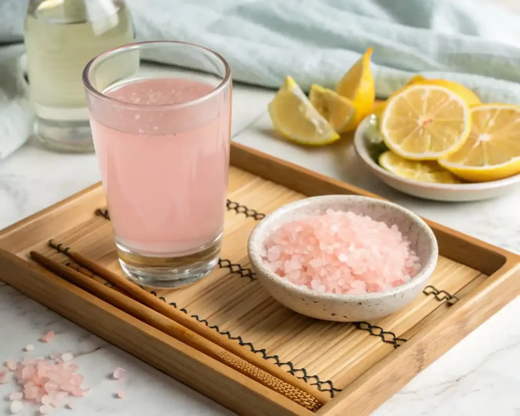 Pink Salt Weight Loss Recipe: A Real Habit That Actually Works 6 Served glass of pink salt water with lemon on a tray