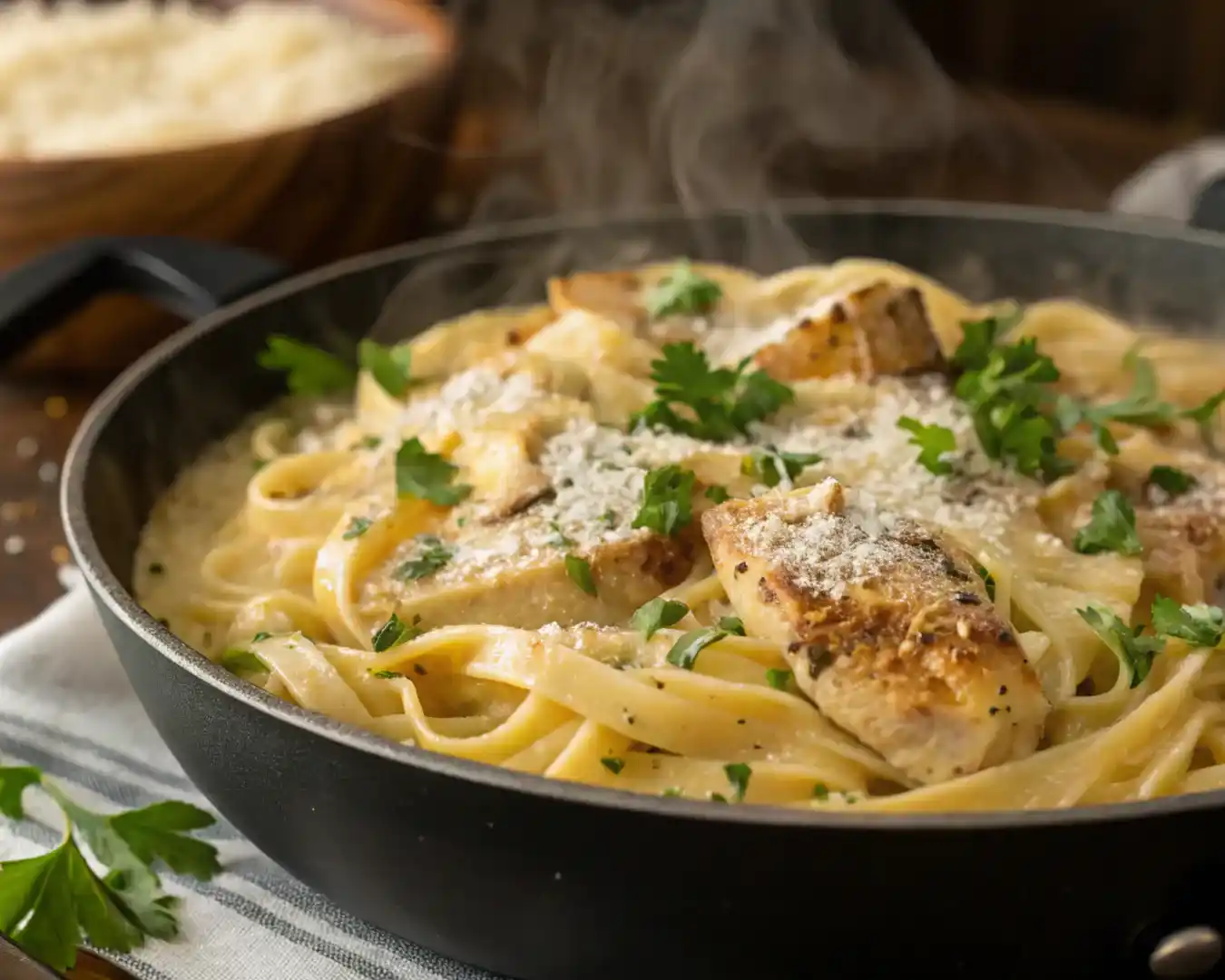 Garlic Parmesan Chicken Pasta in skillet with creamy sauce and parsley garnish