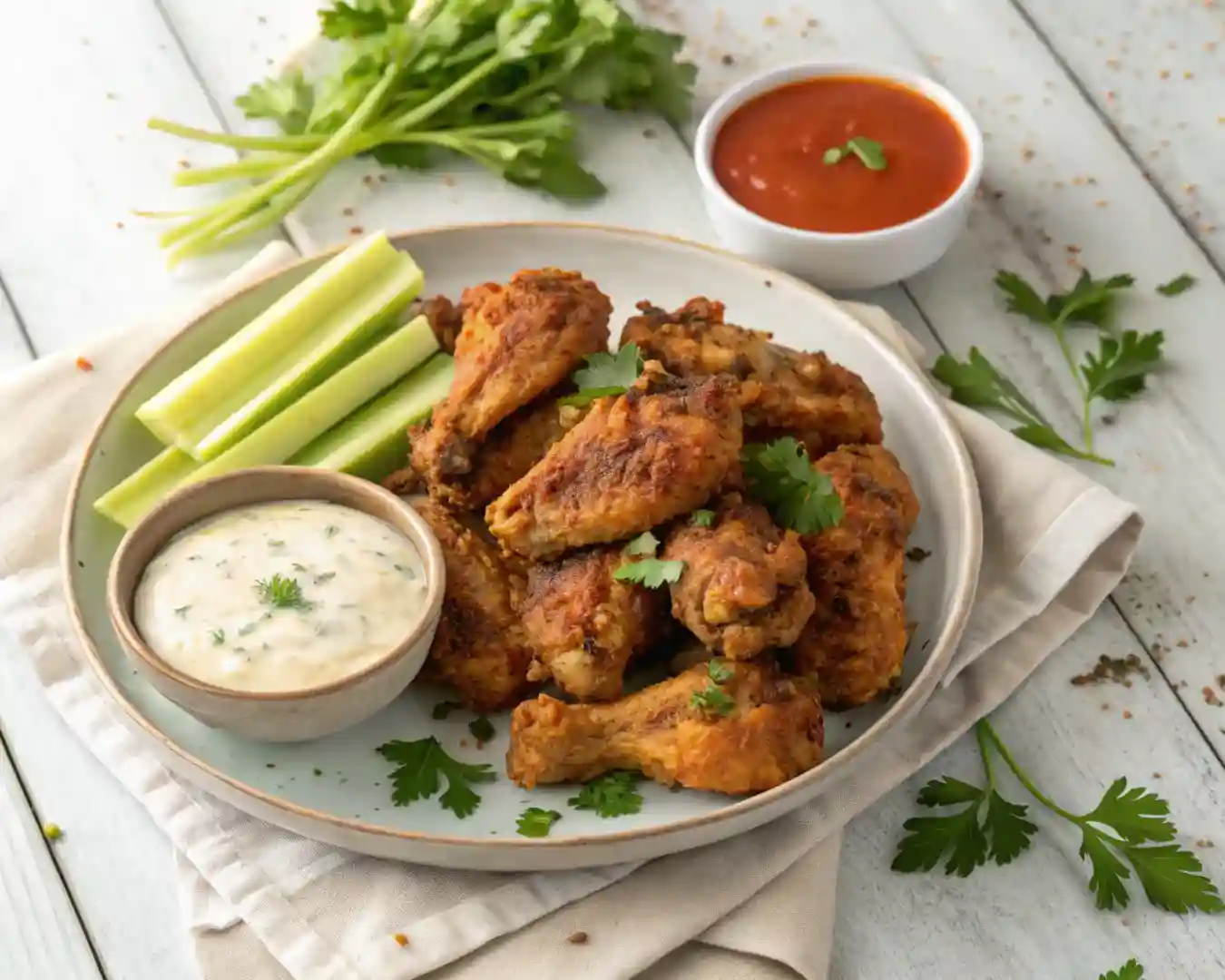 Close-up of crispy air fryer chicken wings with dipping sauce