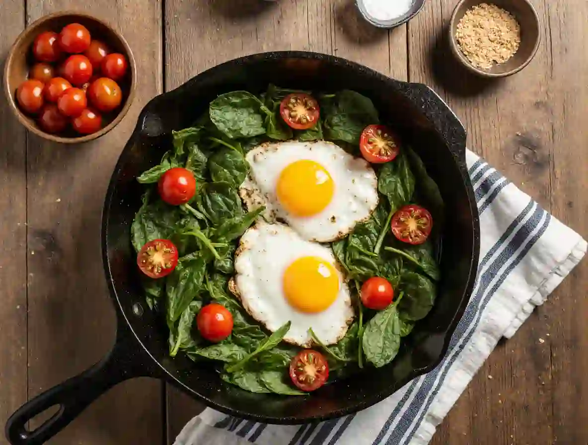 Easy Baked Feta Eggs with Spinach and Tomatoes