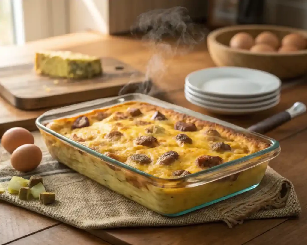 Easy Sausage and Egg Casserole 4 Golden baked sausage and egg casserole fresh from oven