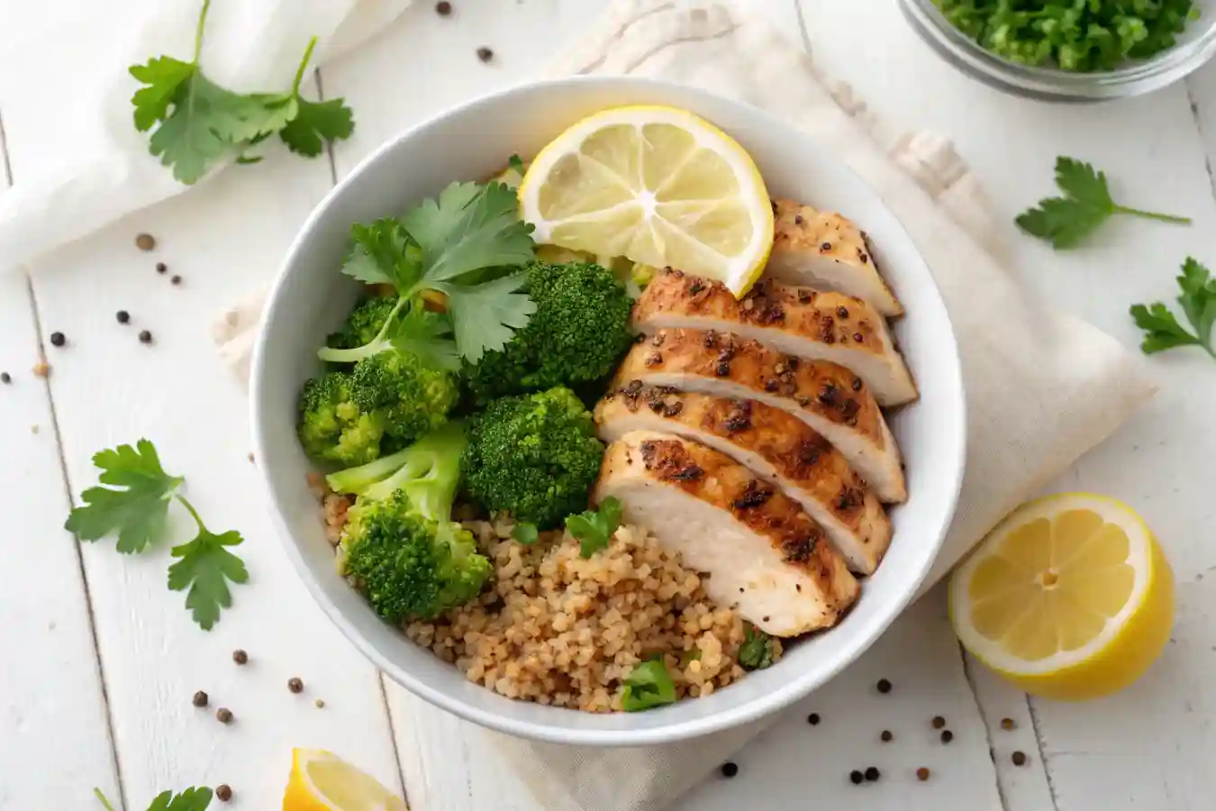Best Fat Burning Foods: 15 Protein‑Rich Meals & Ingredients for Quick Weight Loss 2 High protein fat burning meal with grilled chicken, broccoli, and quinoa in a white bowl