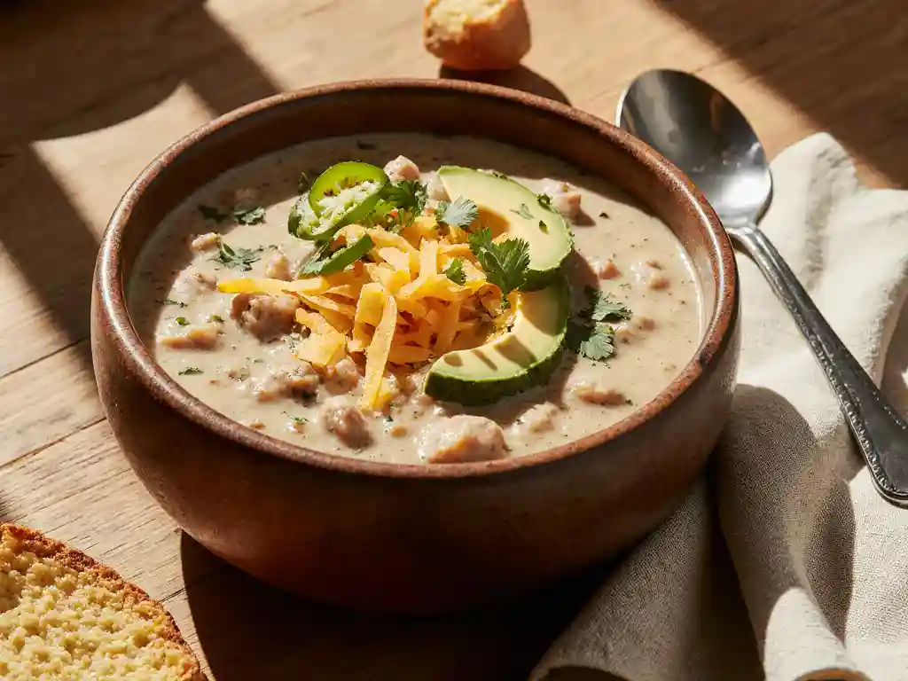 Bowl of creamy white chicken chili topped with cheese, avocado, jalapeños, and tortilla strips.
