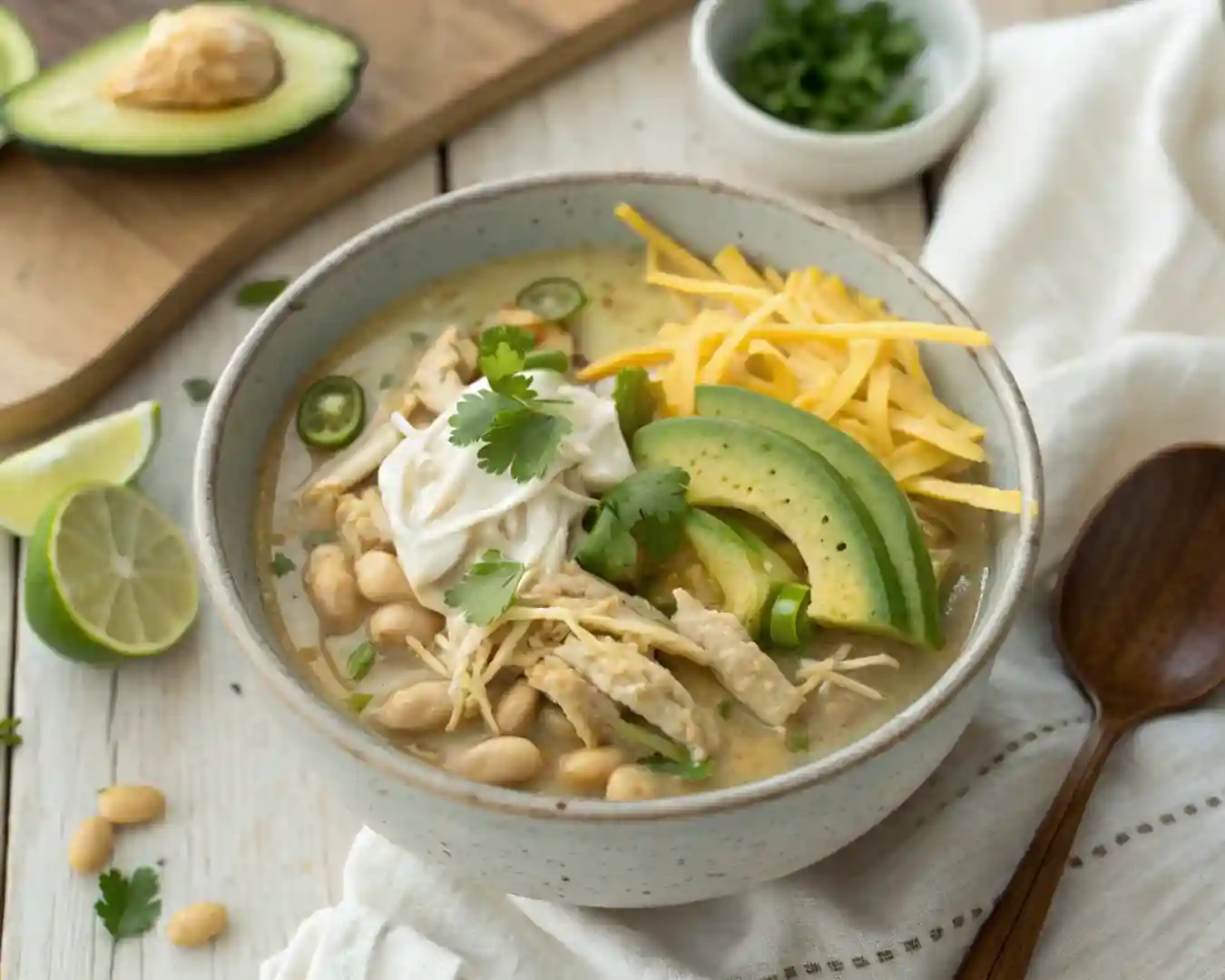 Best White Chicken Chili Recipe – Creamy & Easy Dinner 2 Overhead bowl of creamy white chicken chili with toppings for recipe card.