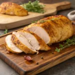 Golden roasted chicken breasts on a board.”