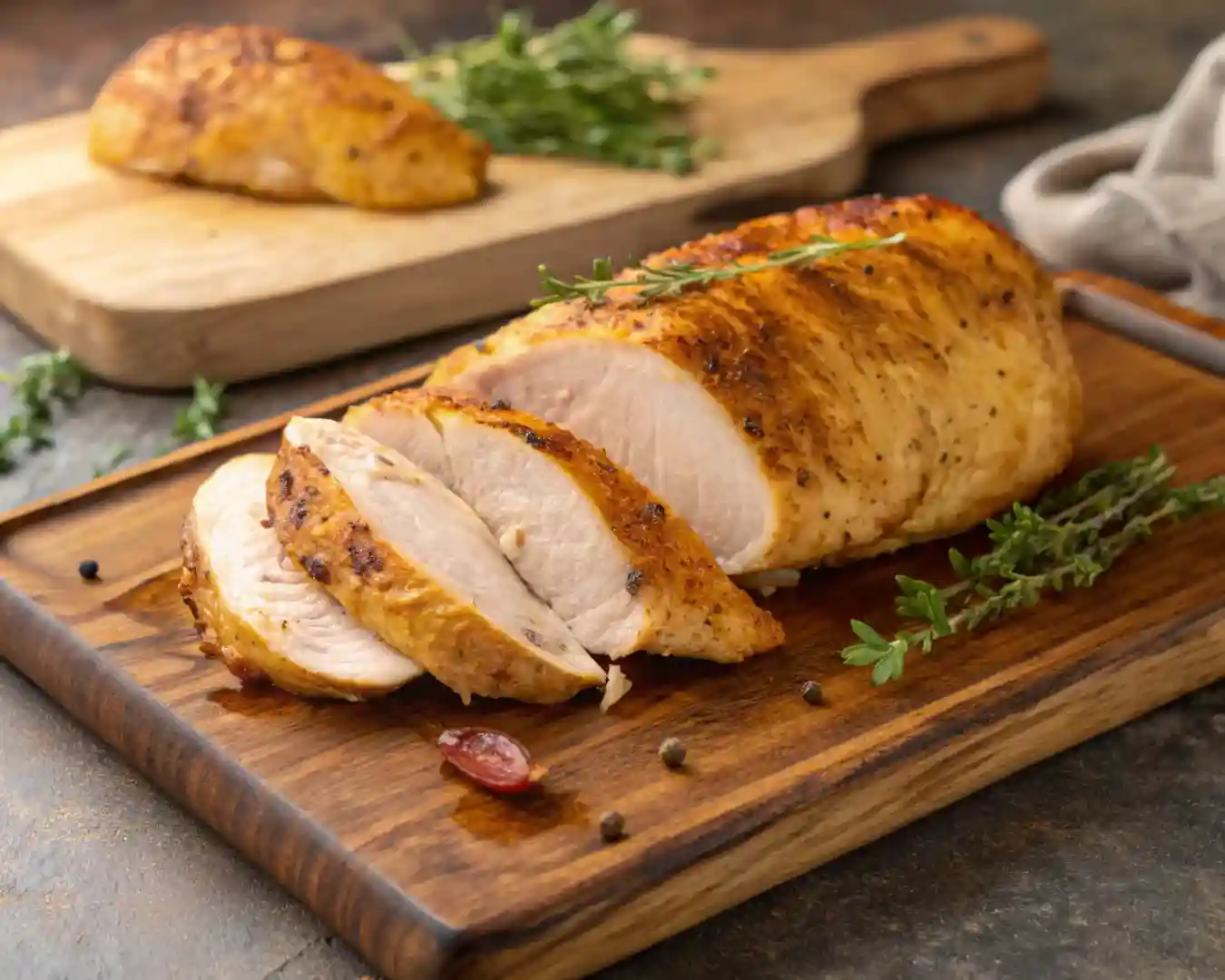 Golden roasted chicken breasts on a board.”