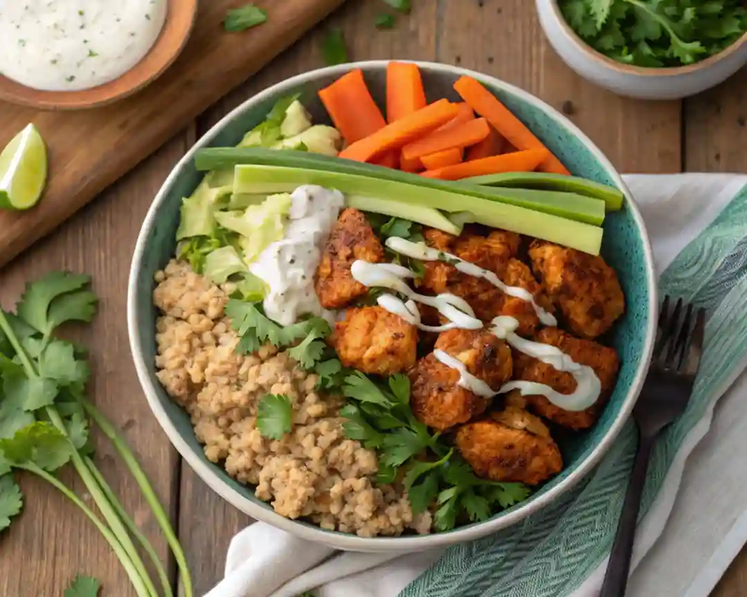 Buffalo Cauliflower and Grilled Chicken Bowl with greens and grains