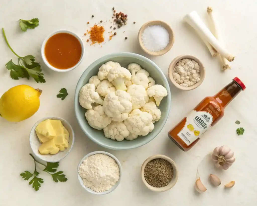 Crispy Air Fryer Buffalo Cauliflower Bites 3 Ingredients for buffalo cauliflower laid out flat