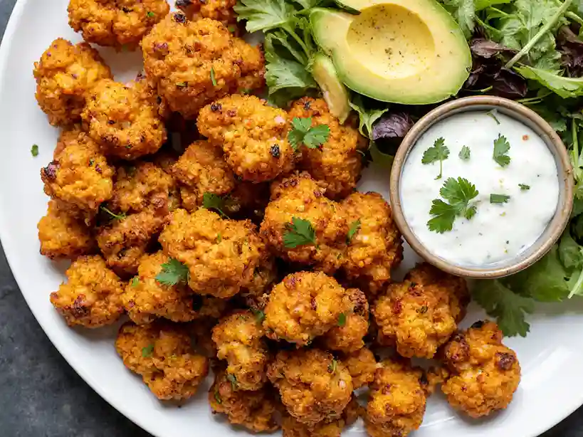 Air Fryer Buffalo Cauliflower Served with Vegan Ranch and Salad