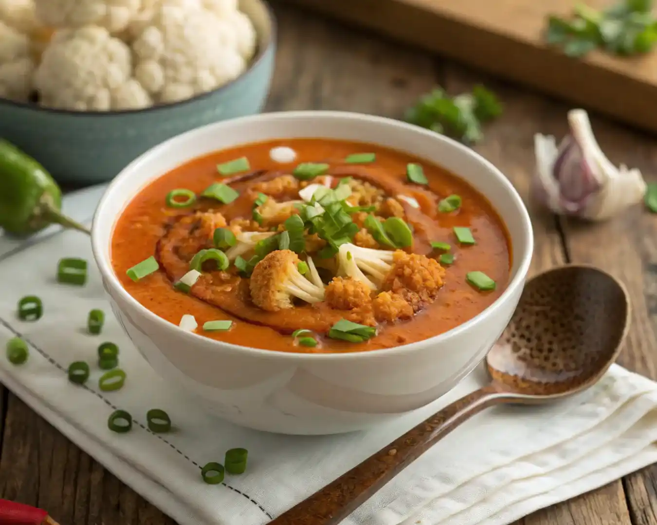 Spicy buffalo cauliflower tomato soup topped with herbs and buffalo drizzle