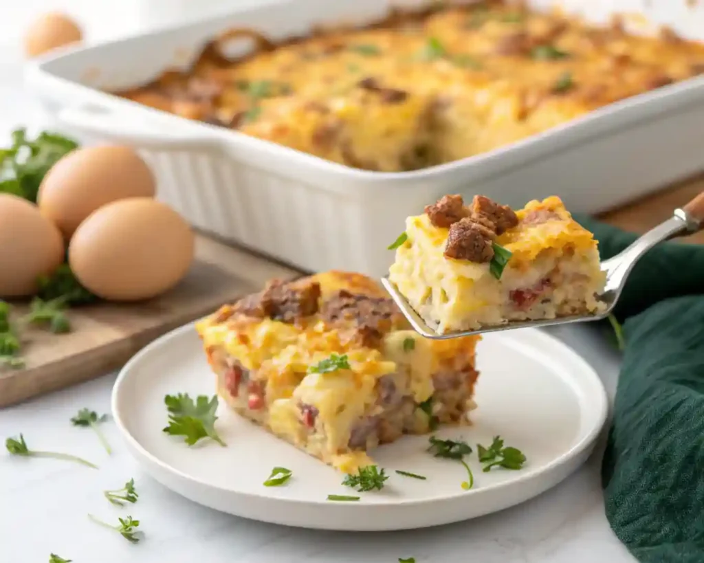 Easy Sausage and Egg Casserole 6 Serving a slice of sausage and egg casserole
