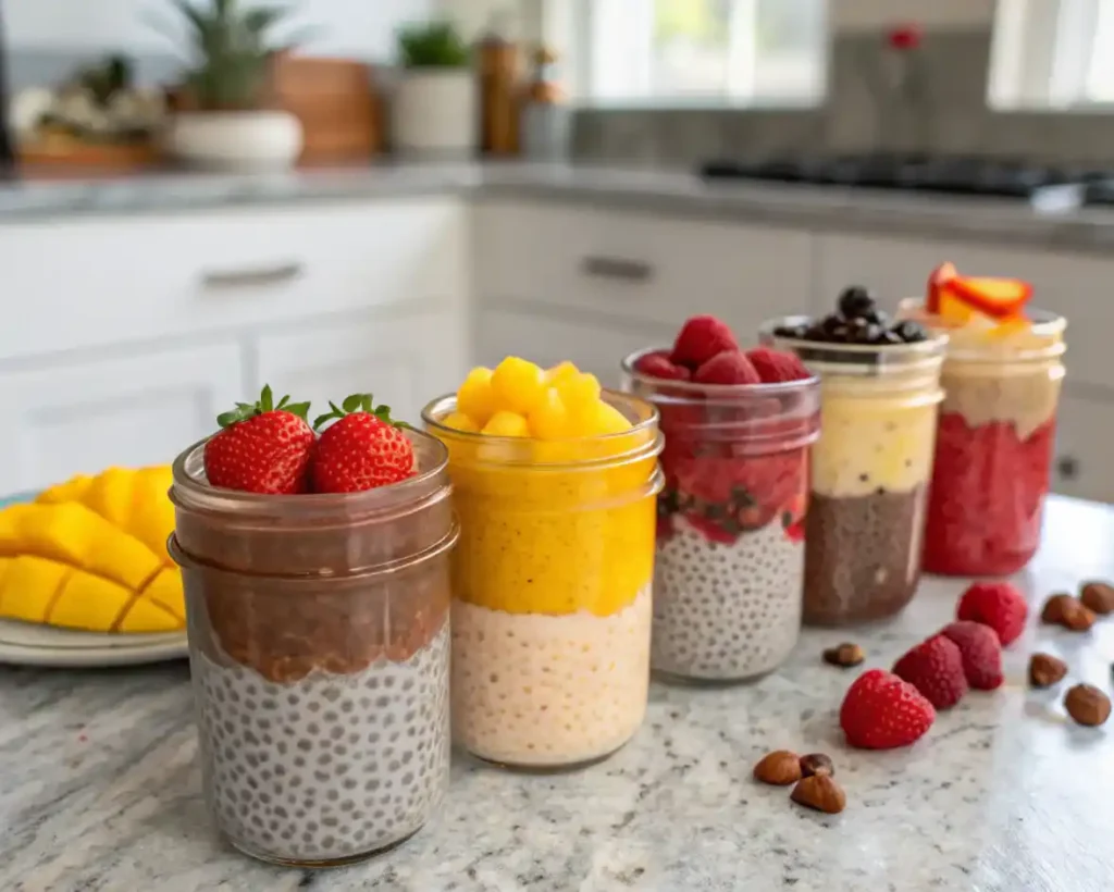 Chia Pudding Recipe: How to Make It Perfect Every Time 6 chia pudding recipe meal prep jars with vanilla, chocolate, mango, and strawberry flavors