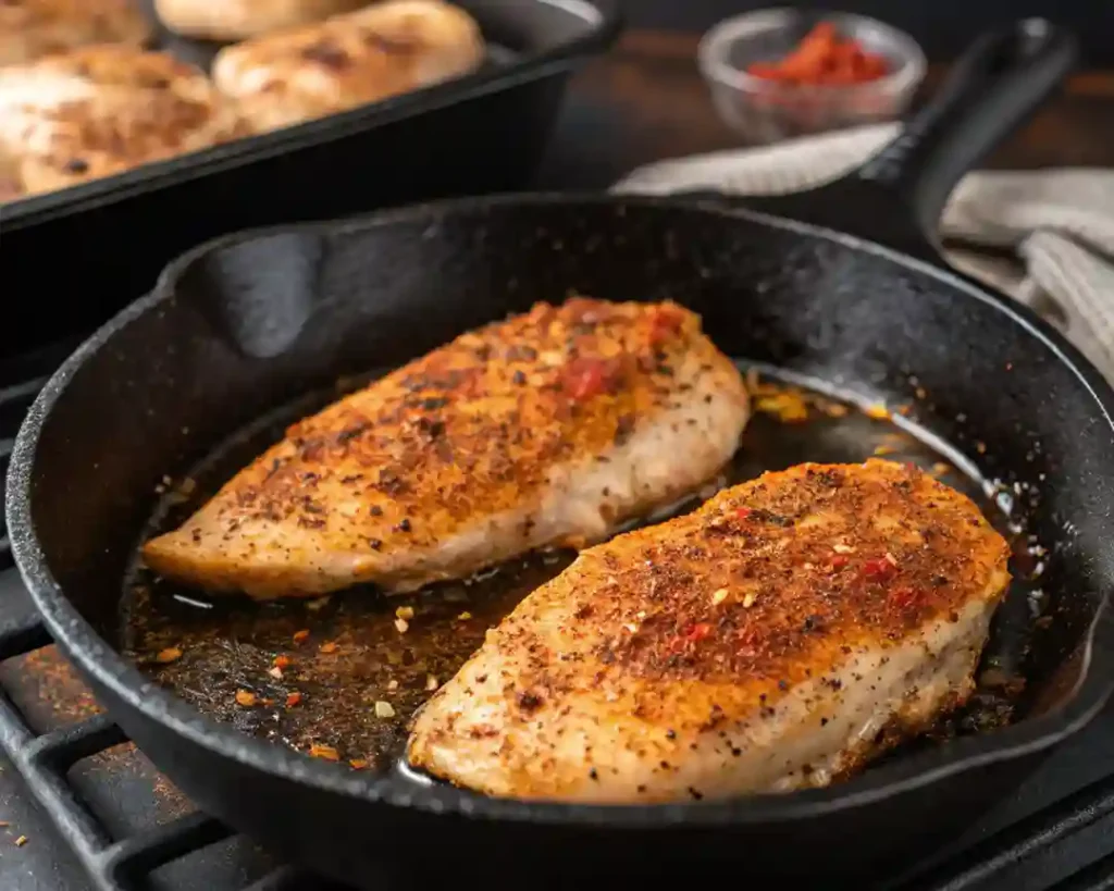 Easy Delicious Chicken Breast Recipes: Quick Flavor that Wows 4 Chicken breasts cooking in skillet with golden crust