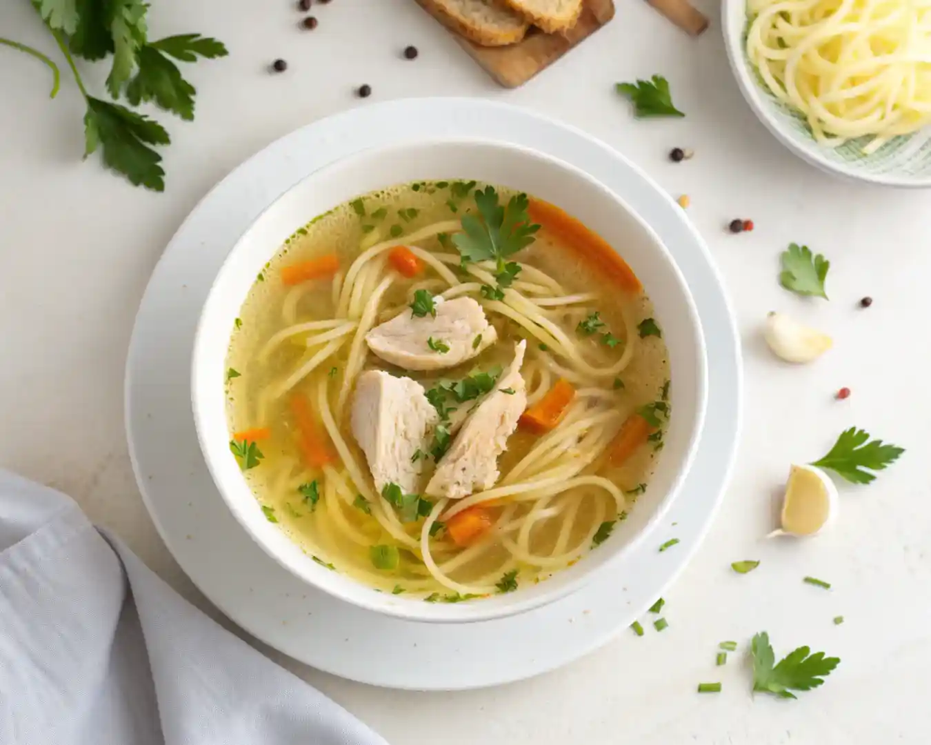 Classic Chicken Noodle Soup 2 Chicken noodle soup in a white bowl styled for recipe card presentation.