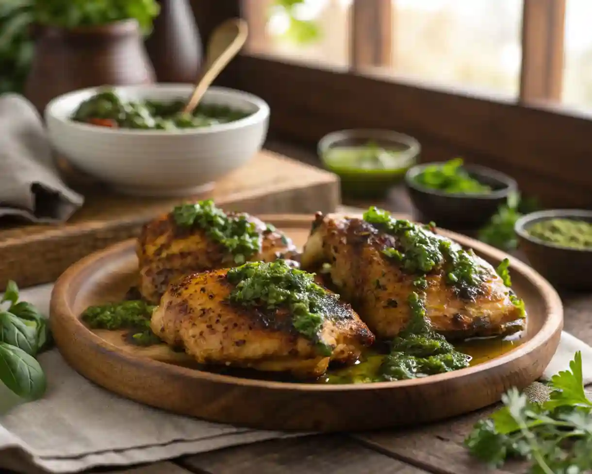 Juicy chimichurri chicken thighs on a wooden platter with fresh herbs.