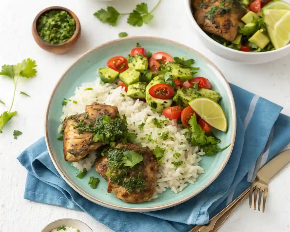 Chimichurri Chicken Thighs 2 Plated chimichurri chicken thighs with rice and salad on a white background.