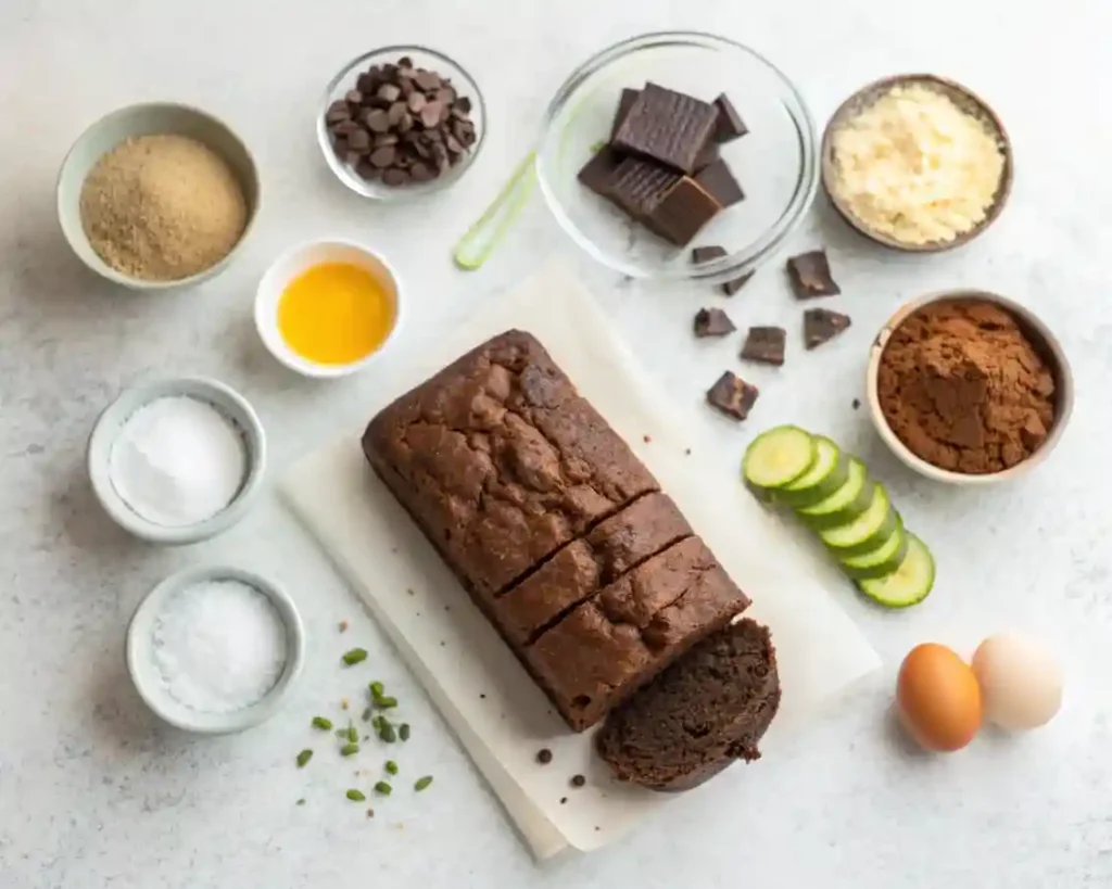 Best Moist Chocolate Zucchini Bread Recipe 3 Ingredients for chocolate zucchini bread on marble surface