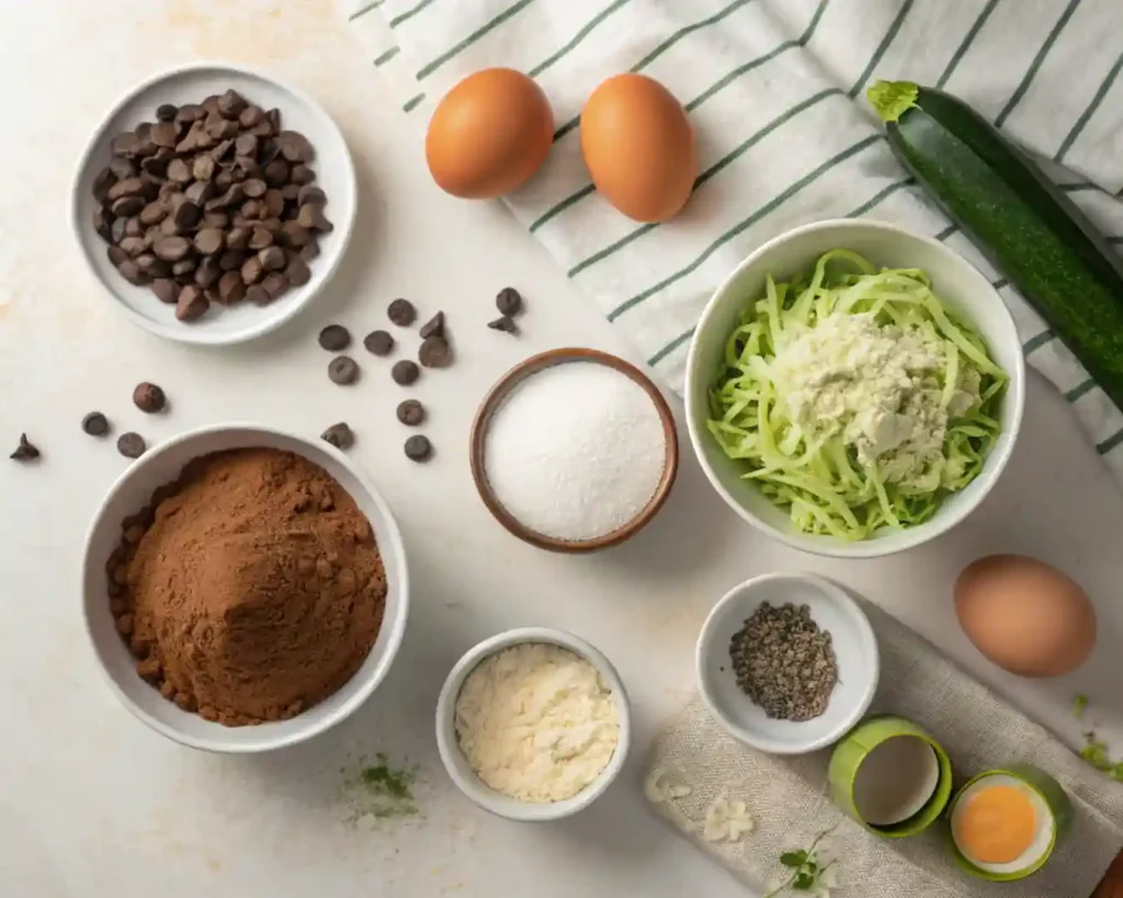Moist Chocolate Zucchini Bread – Rich & Easy Dessert Recipe 3 Ingredients for chocolate zucchini bread including grated zucchini, cocoa powder, flour, eggs, and chocolate chips.