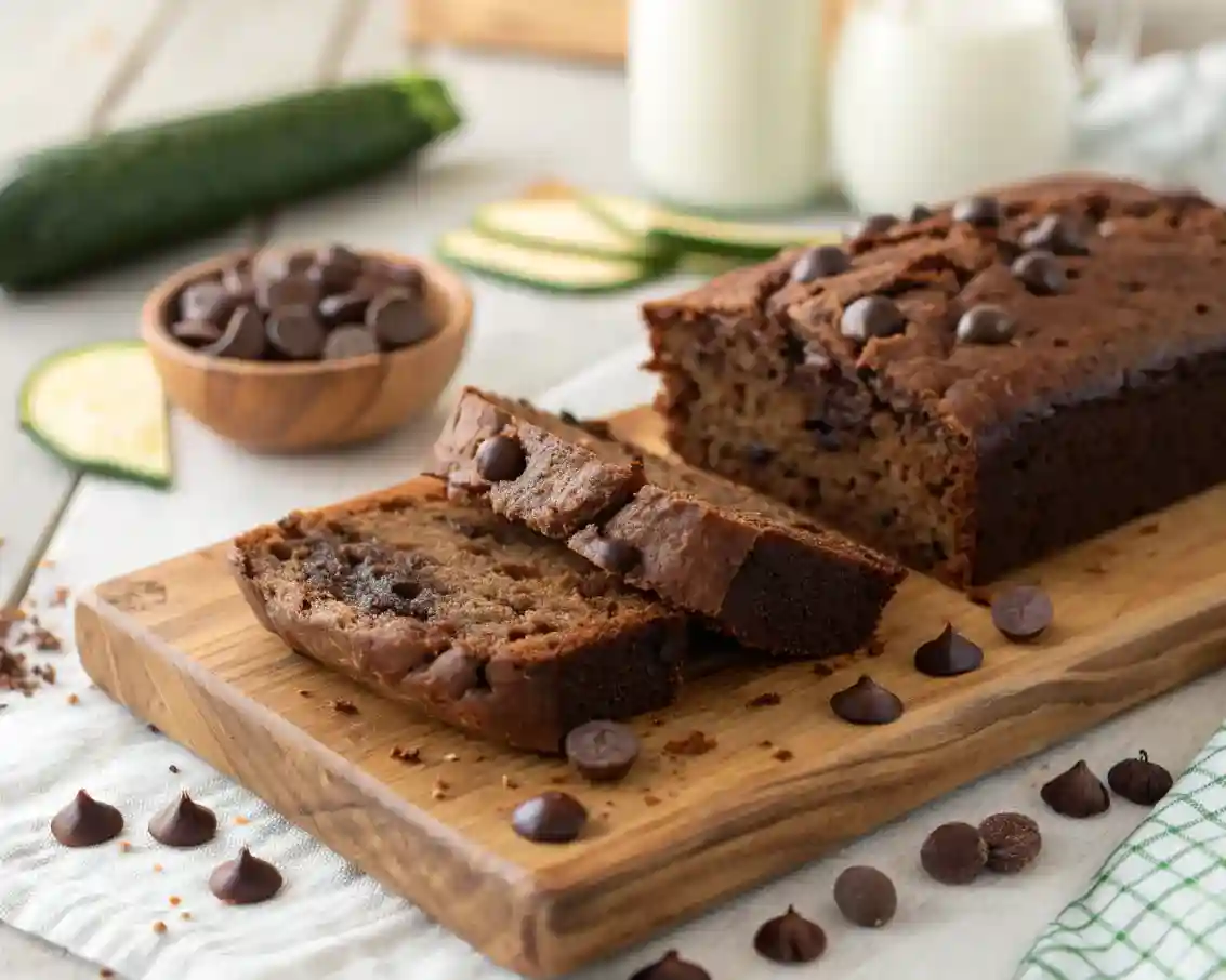 Best Moist Chocolate Zucchini Bread Recipe 2 Chocolate zucchini bread ingredients and finished loaf on recipe card layout