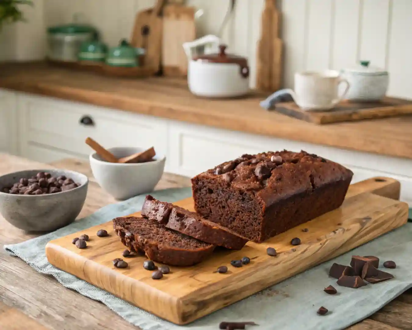 Moist Chocolate Zucchini Bread – Rich & Easy Dessert Recipe 2 Recipe card for chocolate zucchini bread with prep time, cook time, and servings displayed.