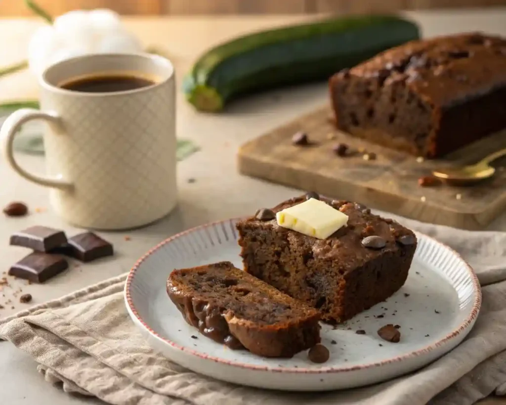 Moist Chocolate Zucchini Bread – Rich & Easy Dessert Recipe 5 Slice of chocolate zucchini bread served on a plate with butter melting on top beside a cup of coffee.