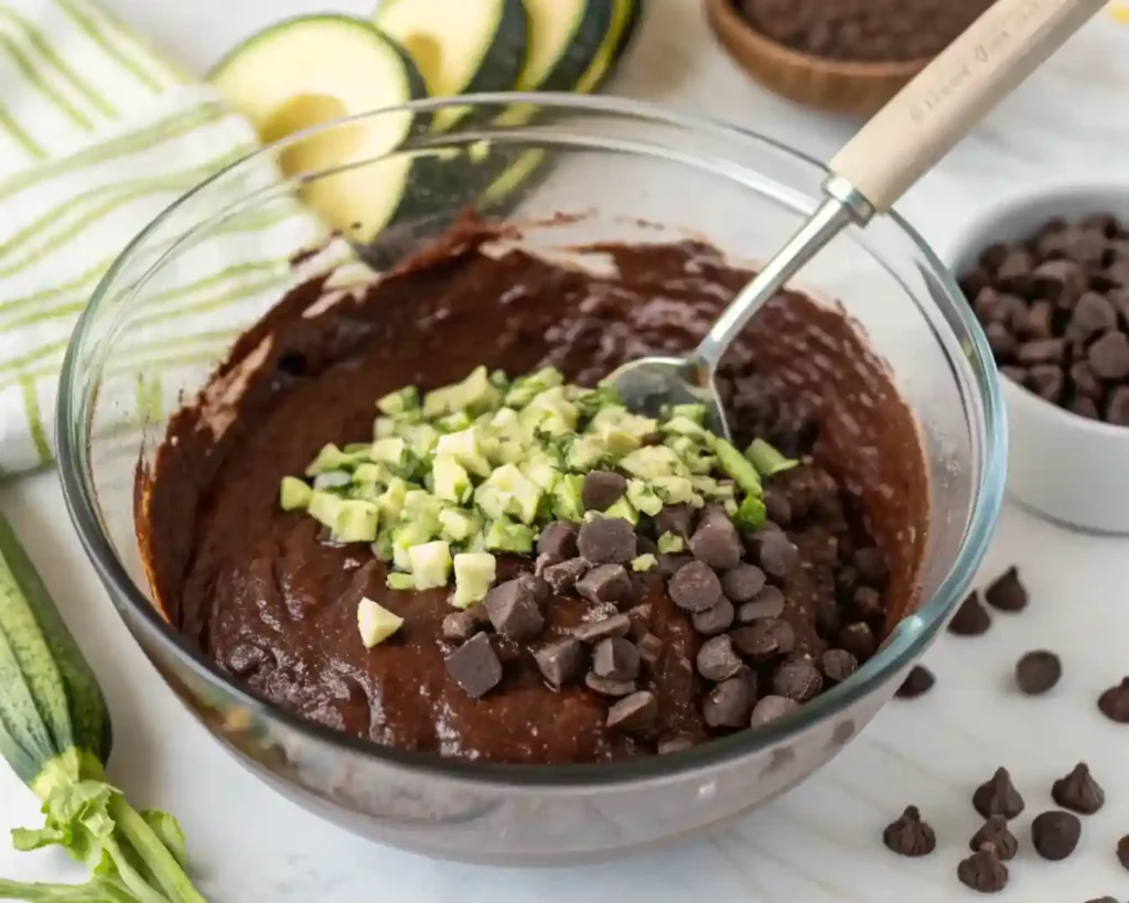 Moist Chocolate Zucchini Bread – Rich & Easy Dessert Recipe 4 Mixing grated zucchini and chocolate chips into thick chocolate bread batter in a bowl.