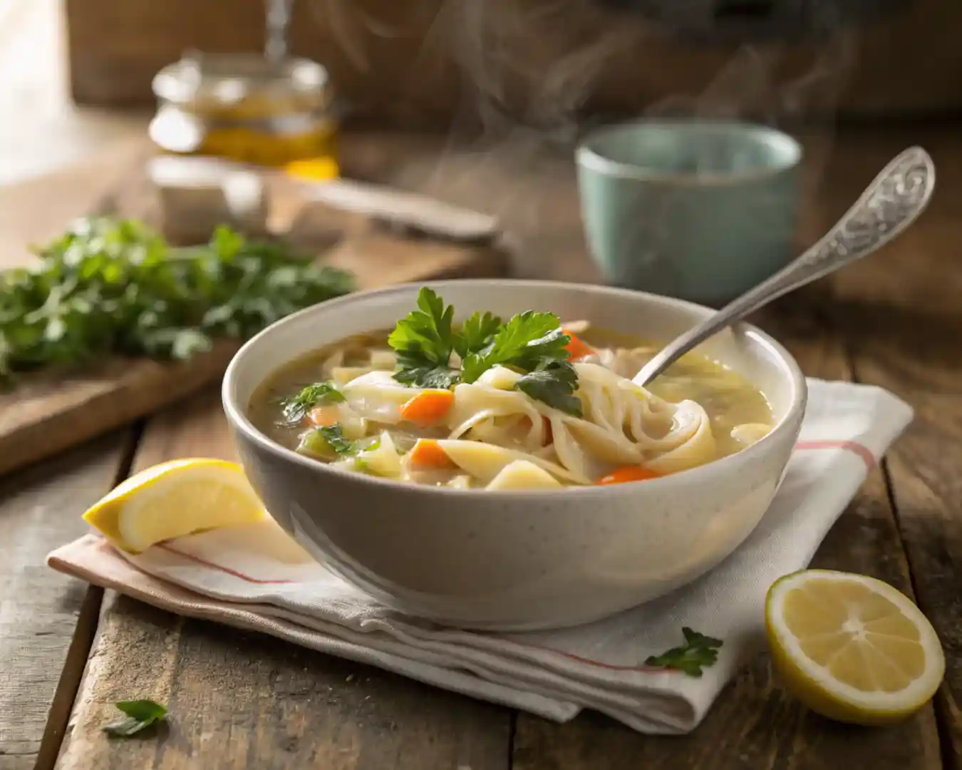 Classic chicken noodle soup served in a cozy bowl with parsley garnish.