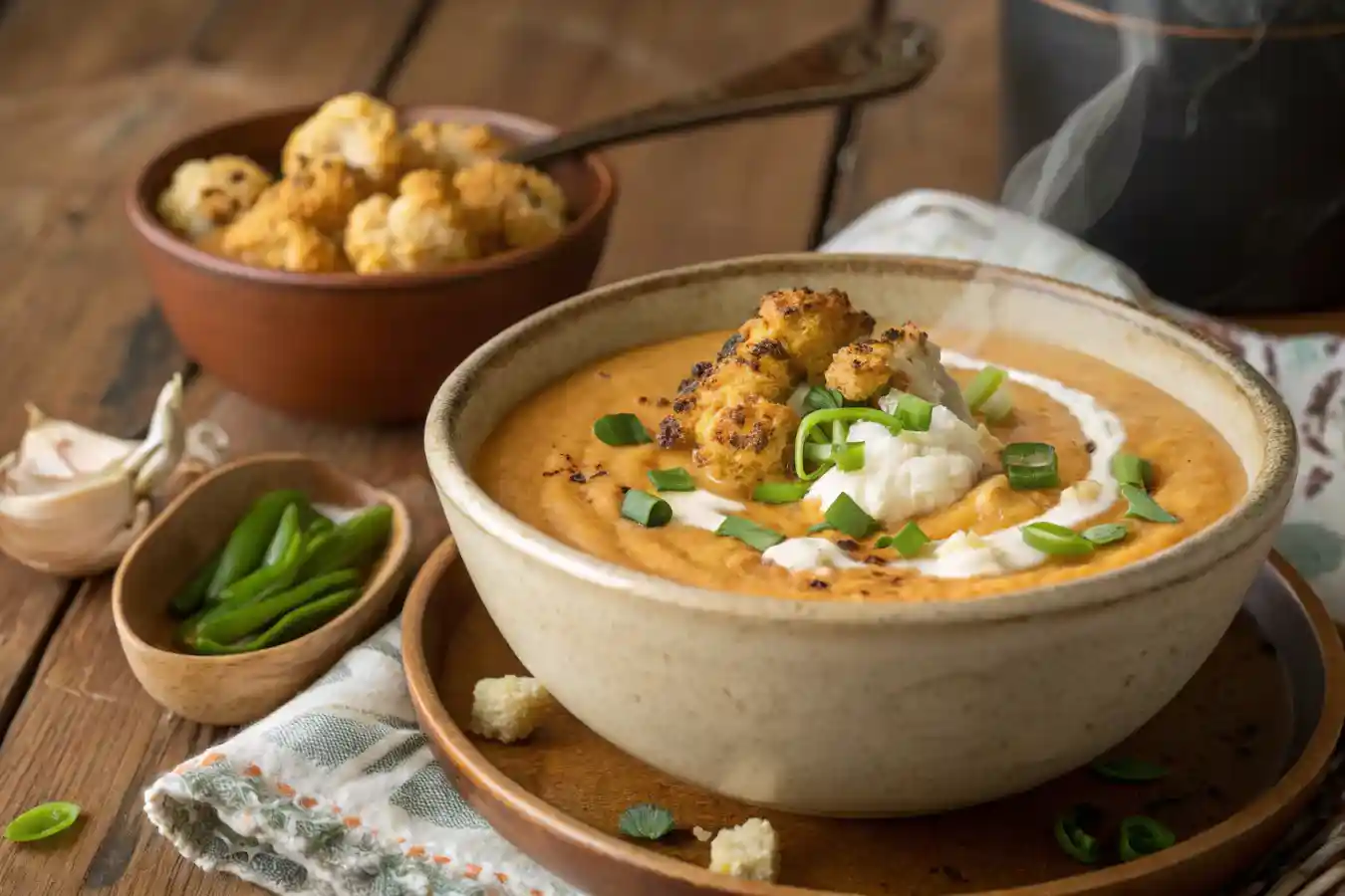 Creamy Buffalo Cauliflower Soup in a rustic bowl with toppings
