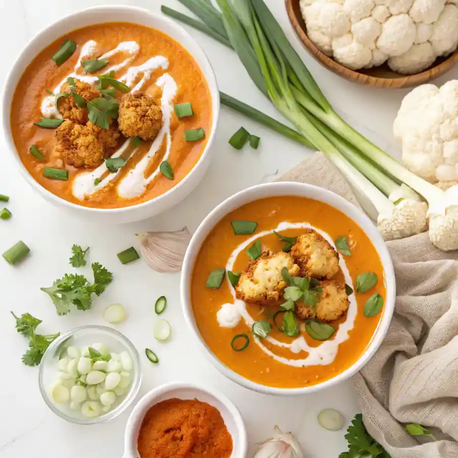 Top-down view of buffalo cauliflower soup with vegan garnishes