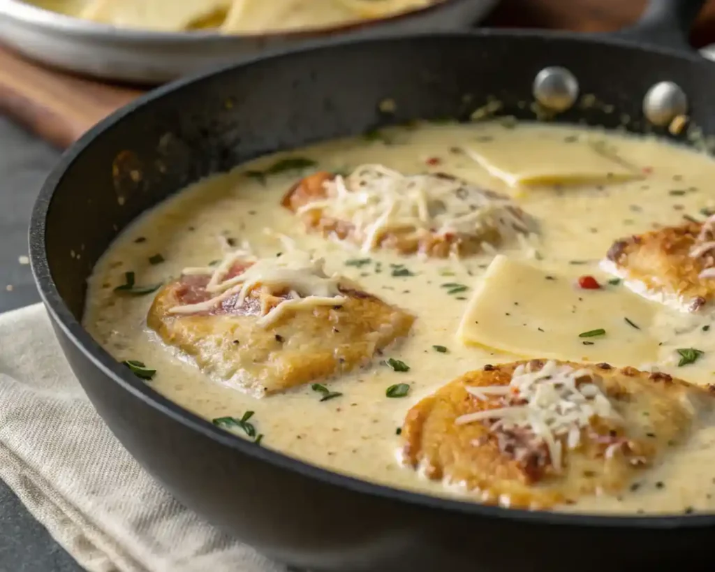 Creamy Garlic Parmesan Chicken Pasta in 30 Minutes – Easy Family Dinner 4 Creamy garlic Parmesan sauce cooking in skillet