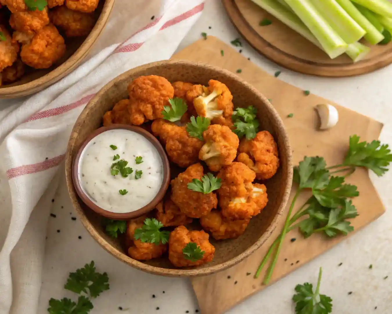 Crispy Air Fryer Buffalo Cauliflower Bites with dip and garnish