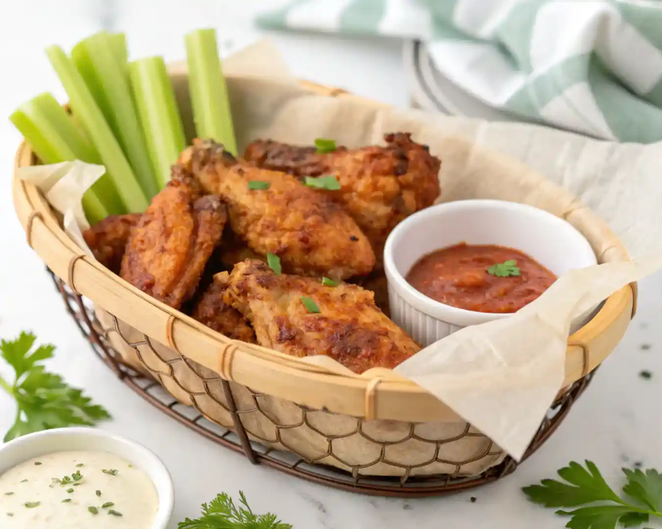 Crispy air fryer chicken wings served with celery and sauce