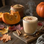 Homemade pumpkin drink in a mug with pumpkin slices