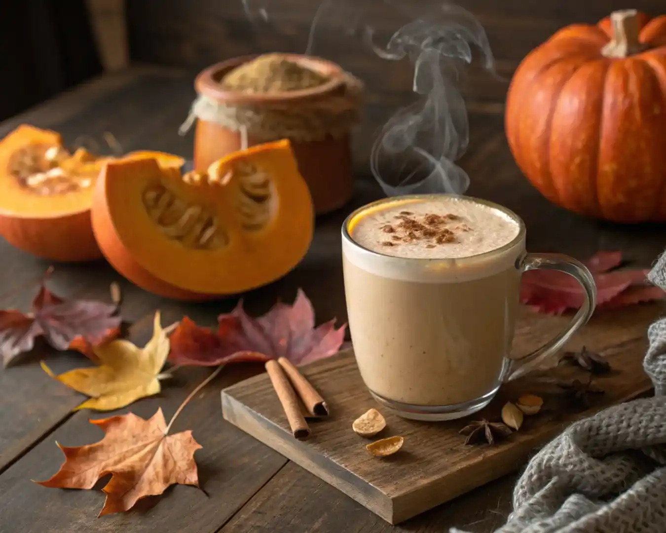 Homemade pumpkin drink in a mug with pumpkin slices