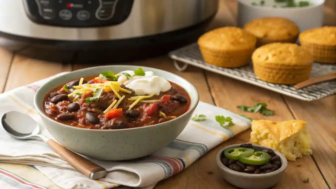 Crockpot chili with ground beef, beans, and toppings in a rustic bowl