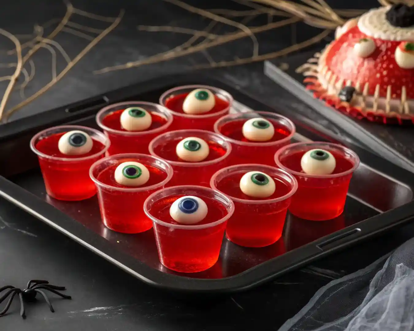 Easy eyeball Jello shots with gummy eyes on a Halloween party tray