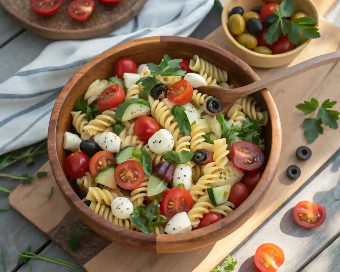 Easy Summer Italian Pasta Salad served in a rustic wooden bowl