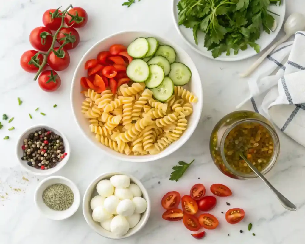 Easy Summer Italian Pasta Salad – Quick, Fresh & Crowd-Pleasing Side 3 Ingredients for Easy Summer Italian Pasta Salad arranged on a marble surface